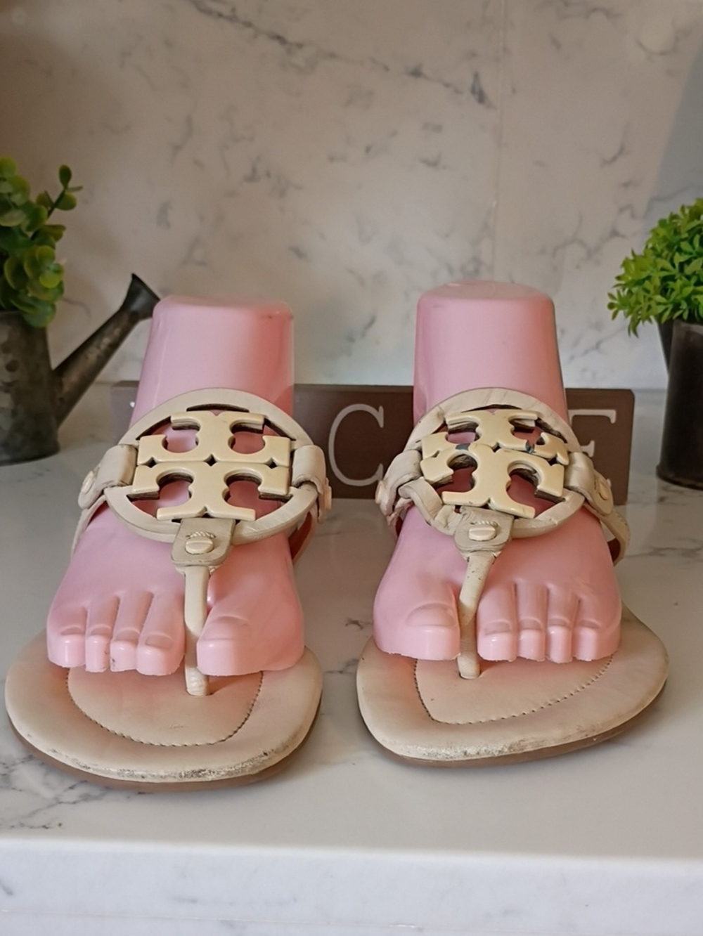 Tory Burch Miller Women’s Cream Leather Thong Sandals with Logo Medallion